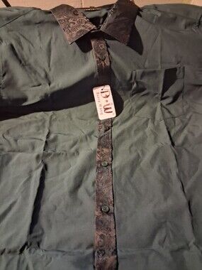 Men's  BARRY WANG Green Dress Shirt with Paisley Trim